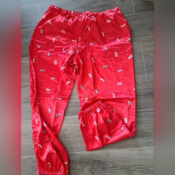 VICTORIA'S SECRET LOVE red silky polyester pj lounge pants pink trim XL - Picture 2 of 9